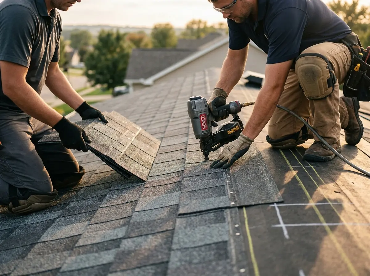 Professional roofer working on a residential roof in Berlin
